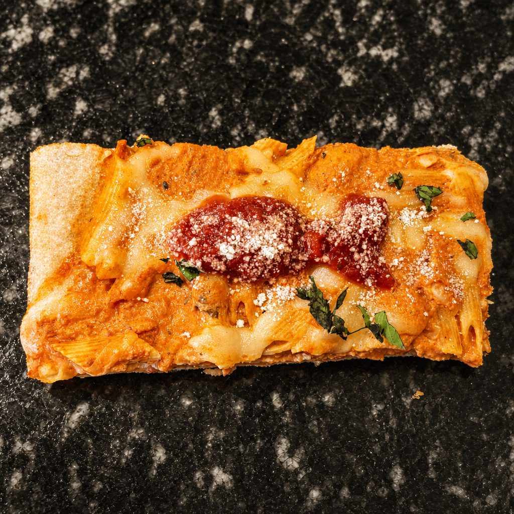 Baked Ziti Pizza Slice.